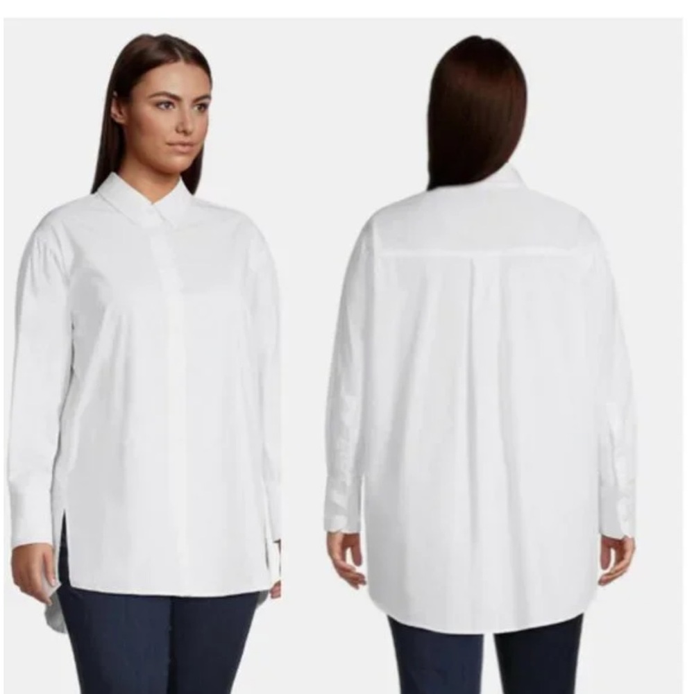 Design Lab Plus Oversized High-Low Poplin Shirt Button Down White Size 1X